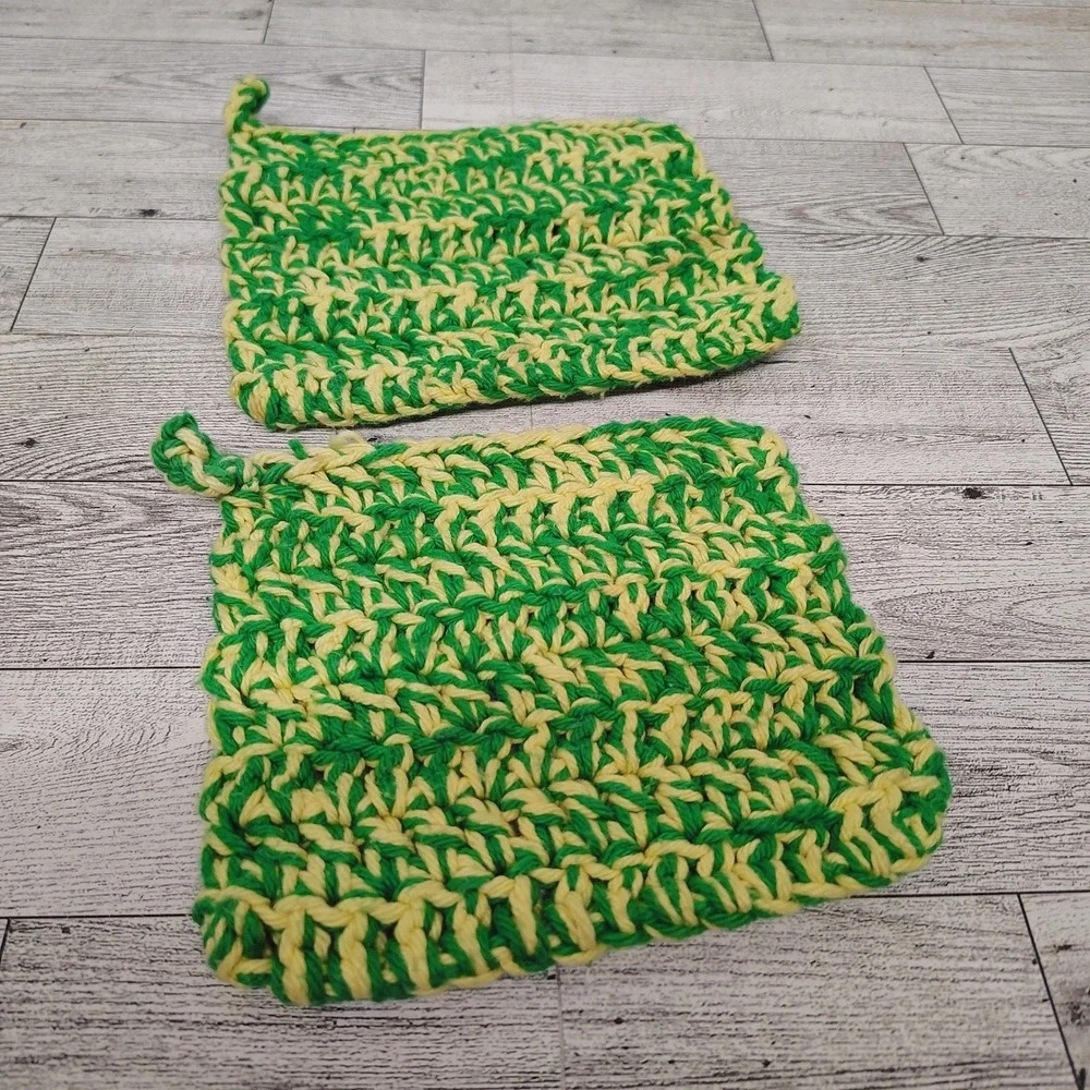 Bundled Set of 2 Handmade Crochet Potholders Green and Yellow Kitchen Decor